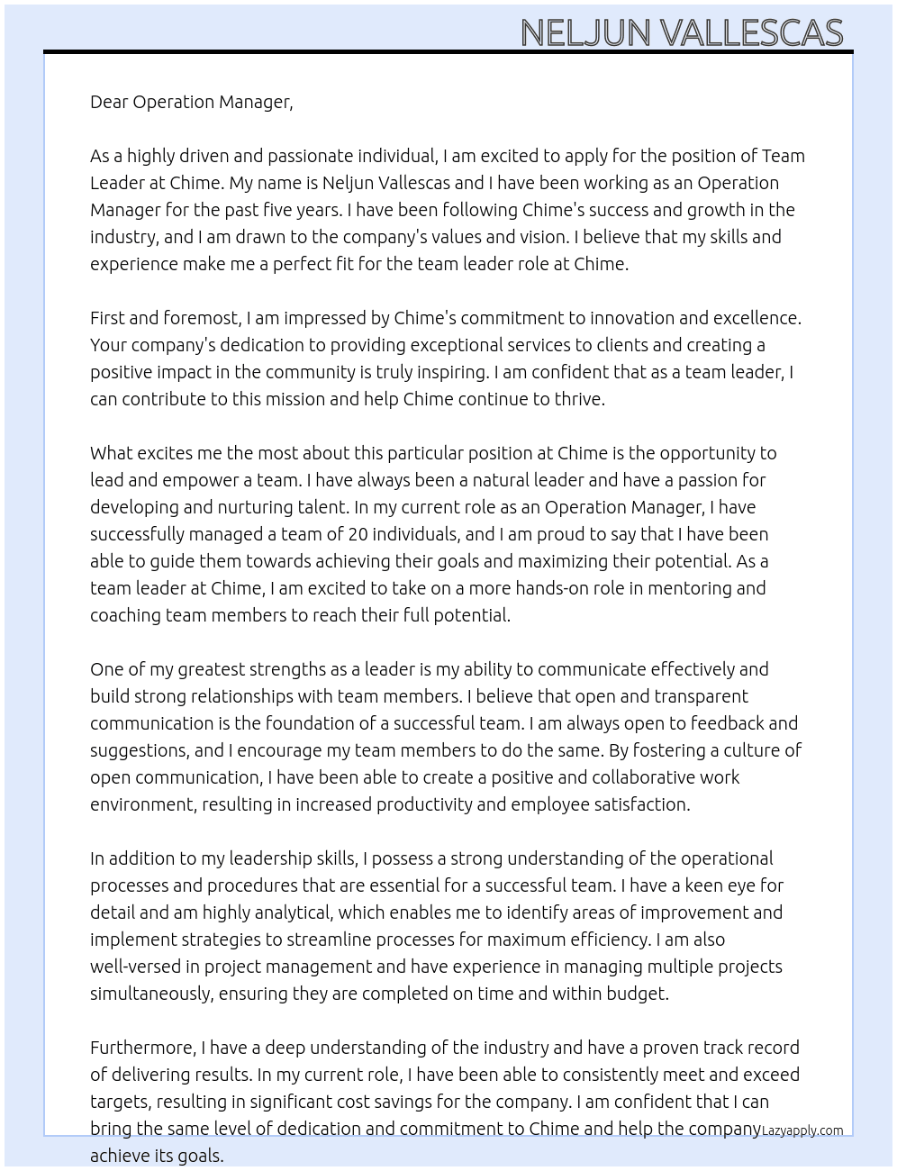 Team leader  At Chime  Cover Letter