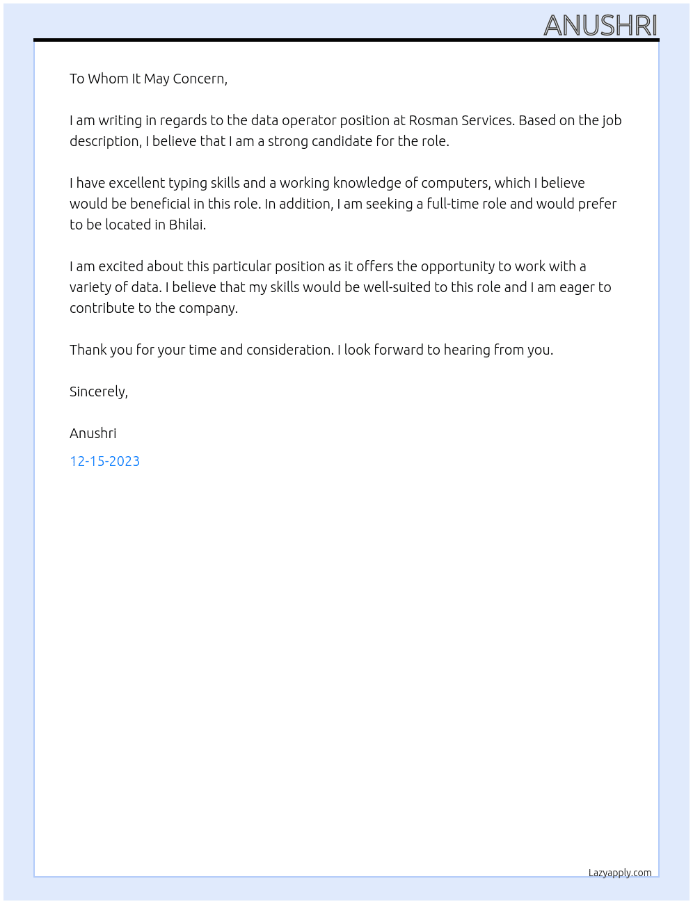 data operator At Rosman services Cover Letter