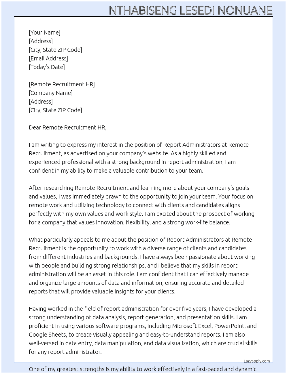 Cover letter for report administrators - LazyApply