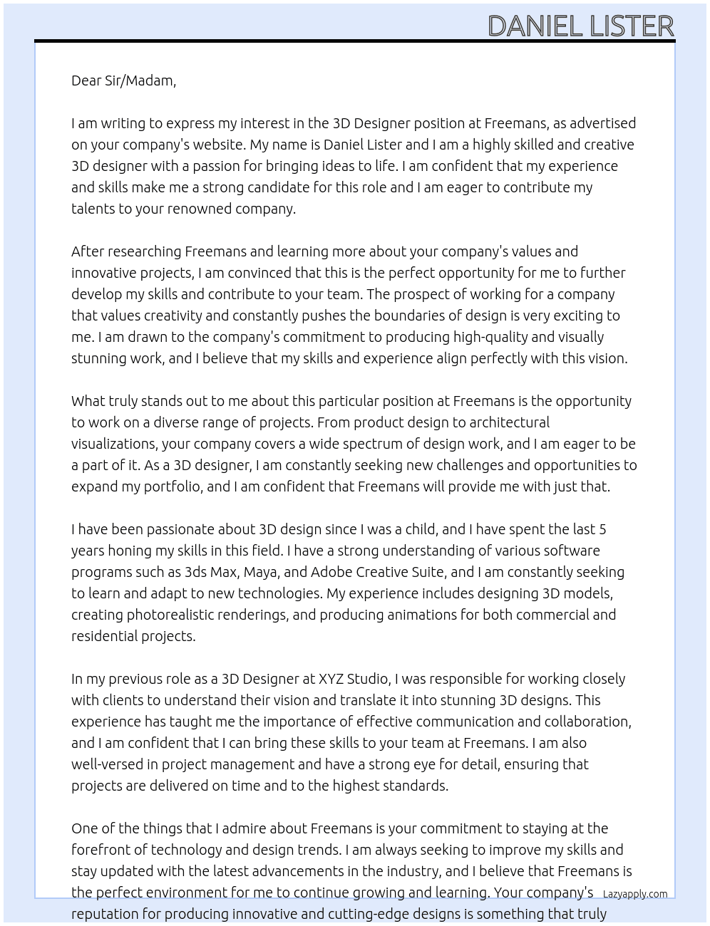3D Designer At Freemans Cover Letter