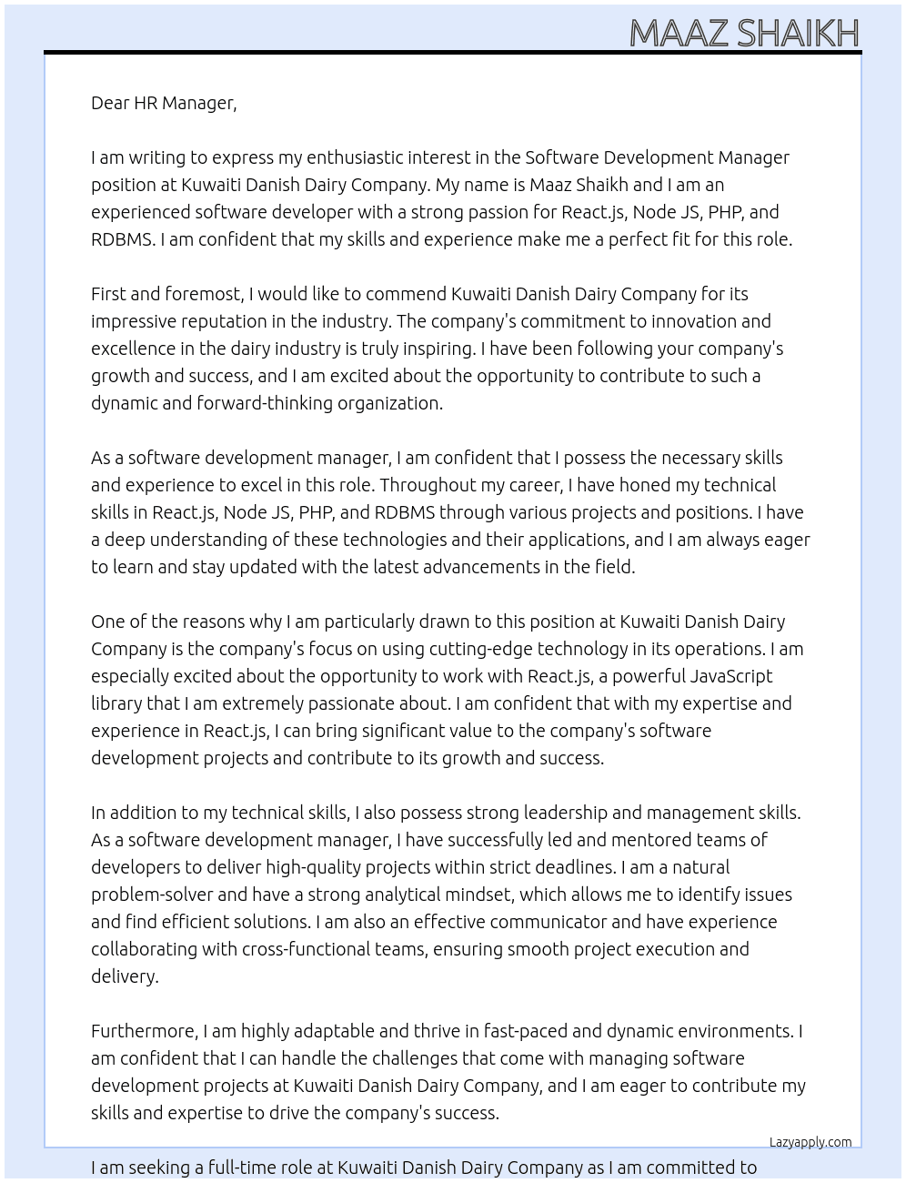 Software Development Manager At Kuwaiti Danish Dairy Company Cover Letter