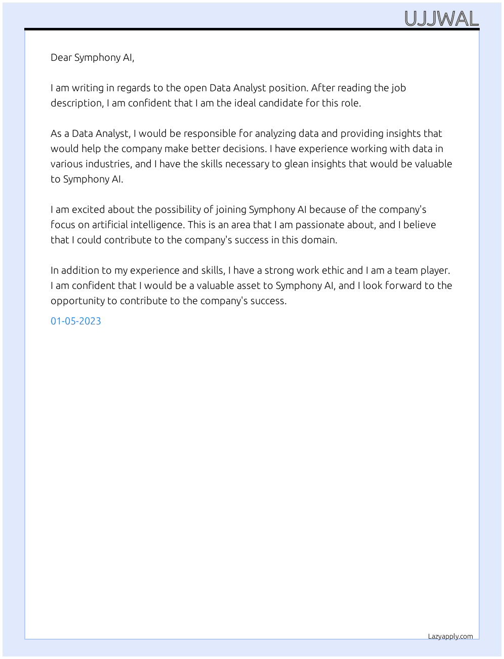 Data Analyst At Symphony AI Cover Letter