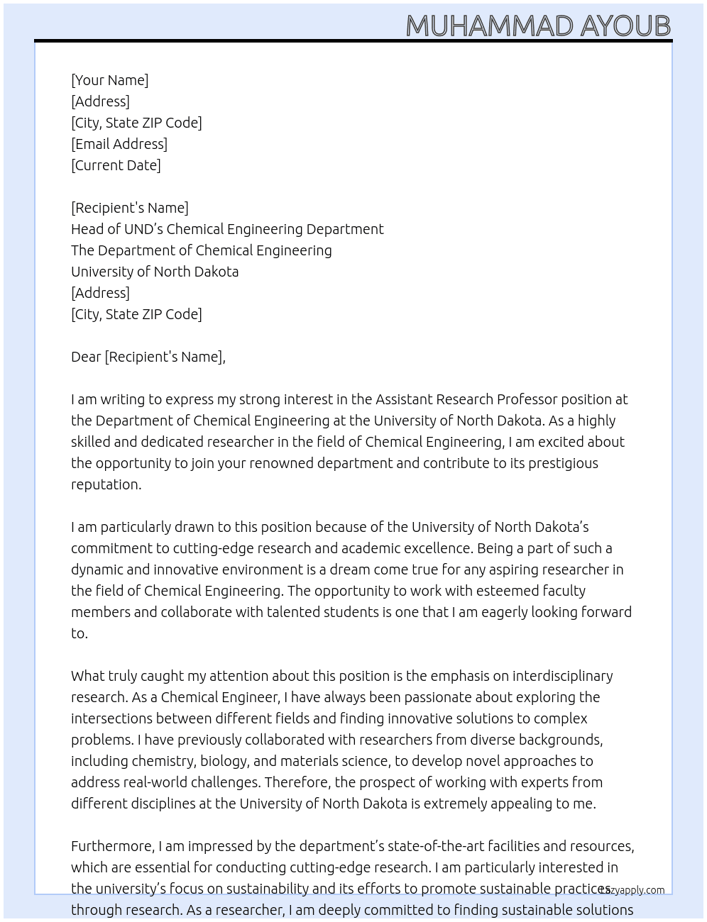 Assistant Research Professor – Department of Chemical Engineering  494251 At The Department of Chemical Engineering at the University of North DakotaUSA Cover Letter