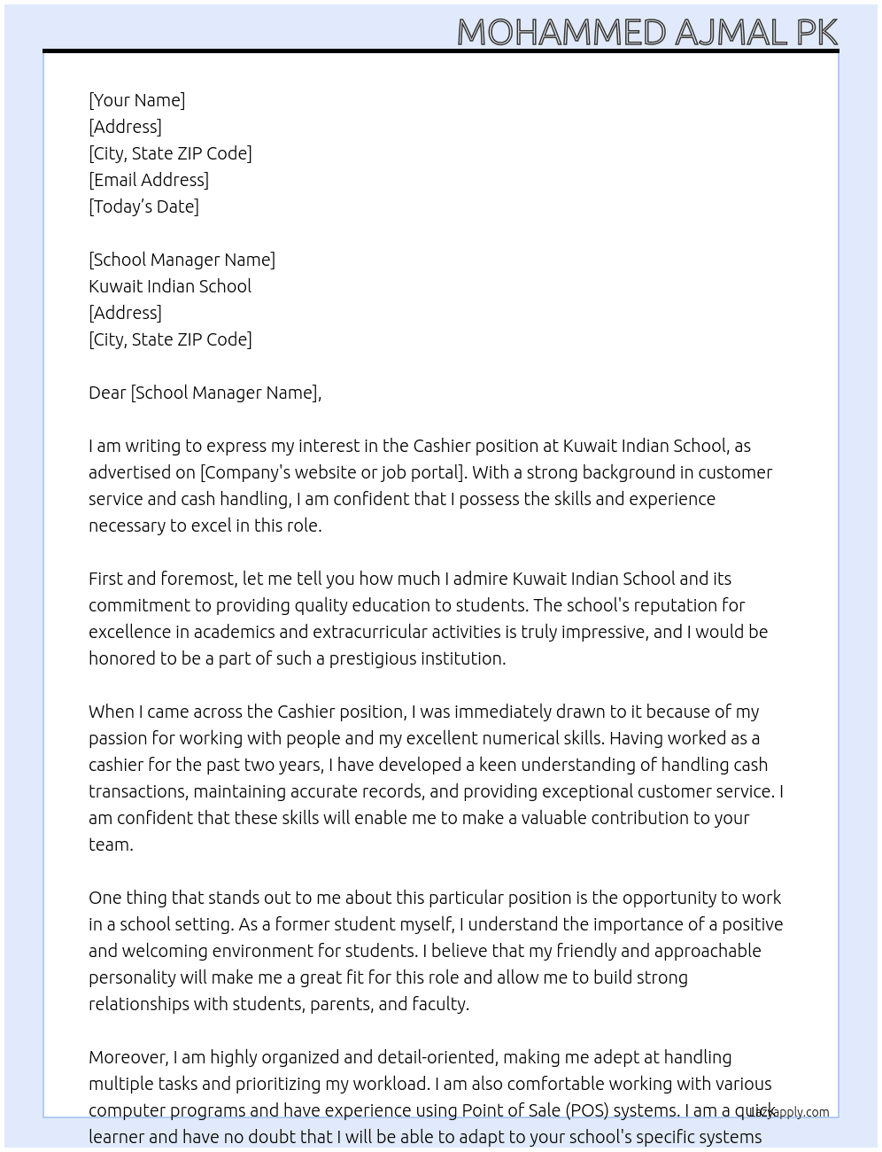 Cashier  At kuwait indian school Cover Letter