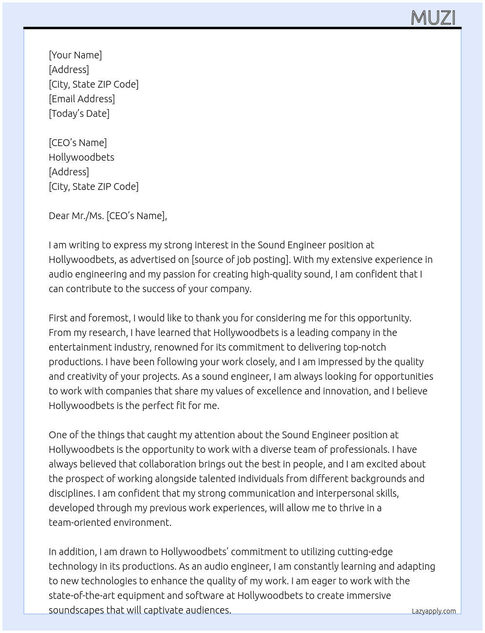 Sound engineer  At Hollywoodbets Cover Letter