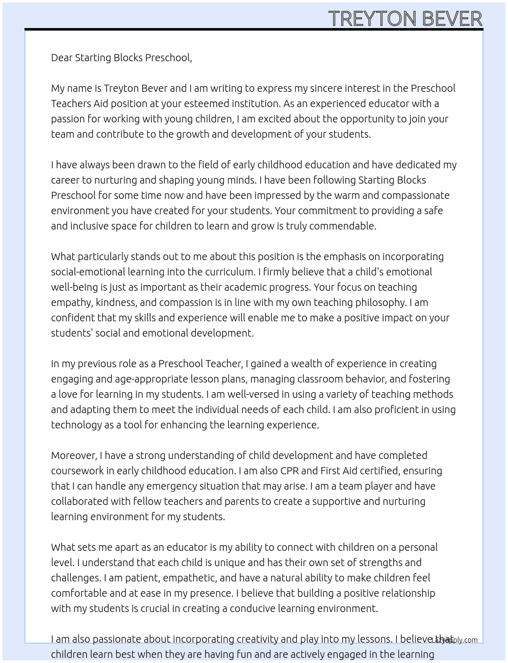 Preschool teachers aid At Starting blocks preschool Cover Letter