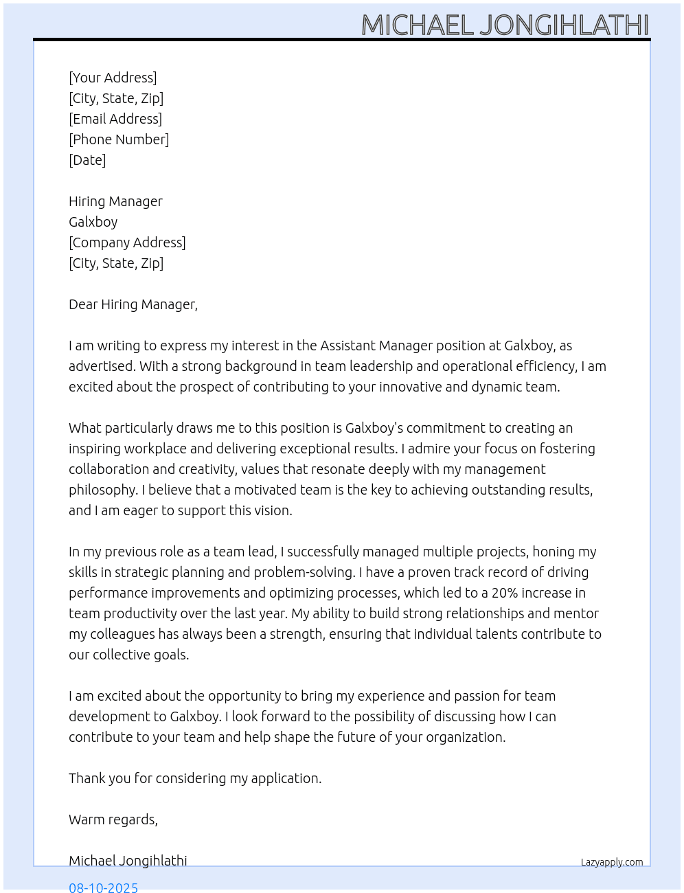 assistant manager At Galxboy Cover Letter