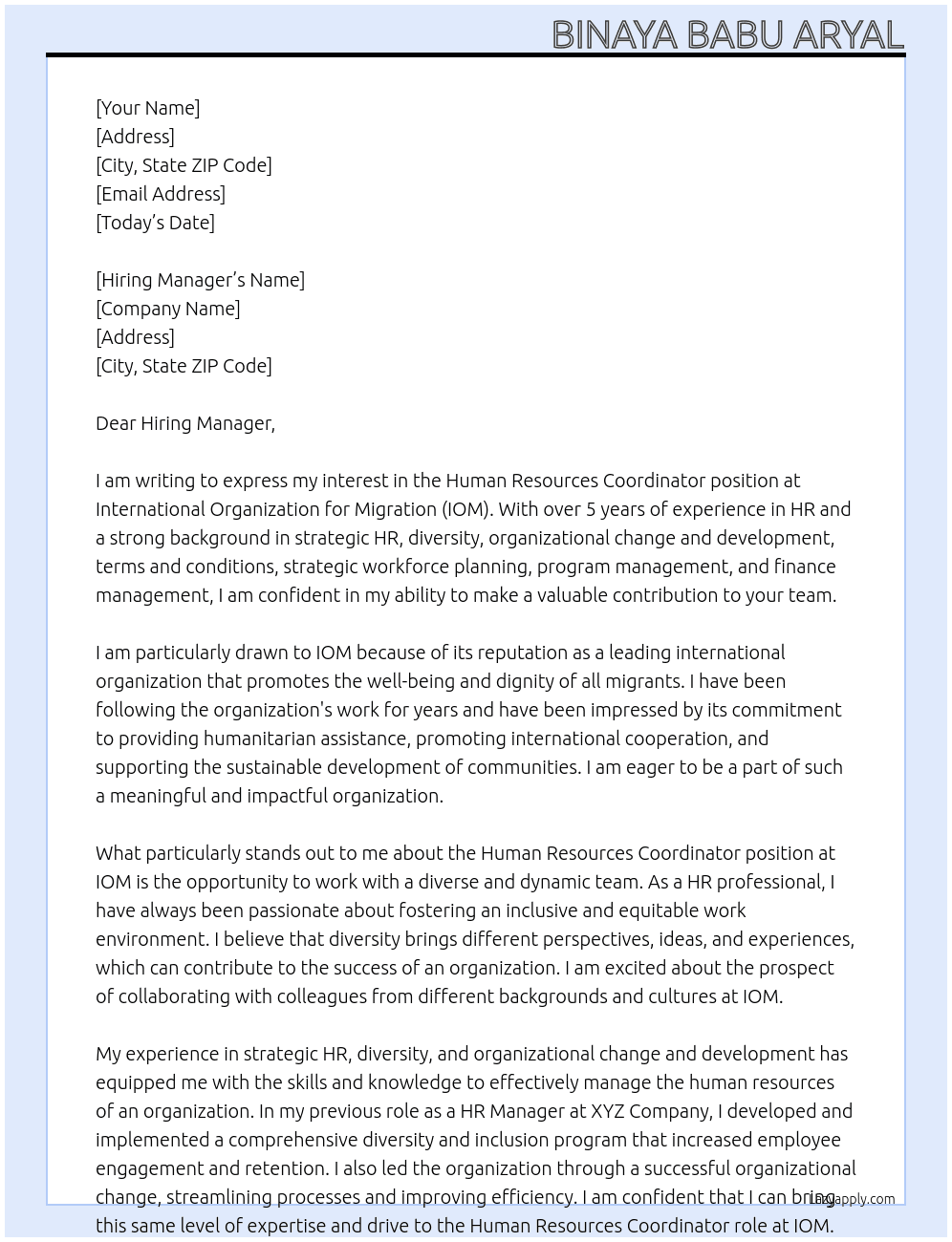 Human Resources Coordinator At International Organization for Migration (IOM) Cover Letter