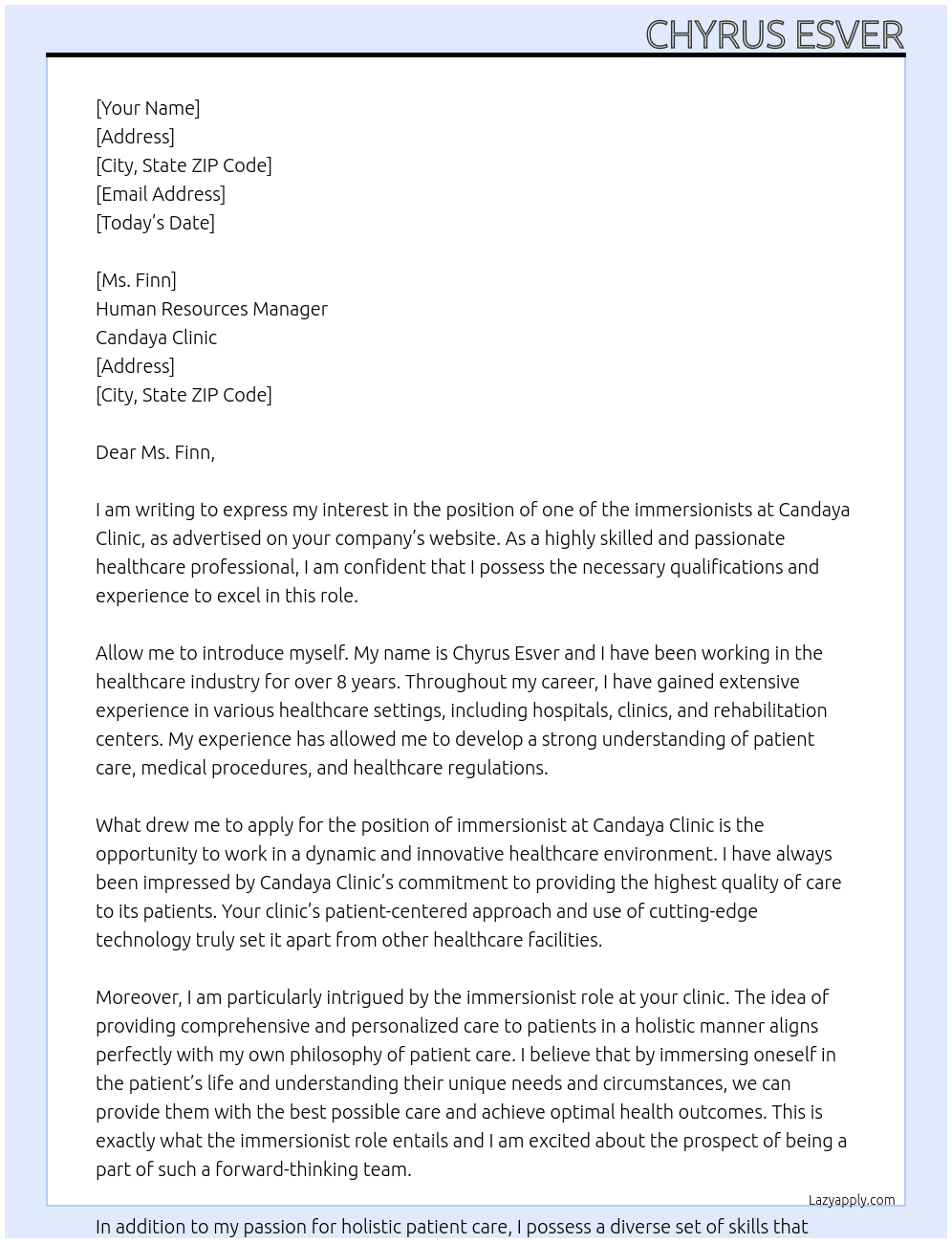 one of the immersionist in the clinic  At candaya clinic  Cover Letter