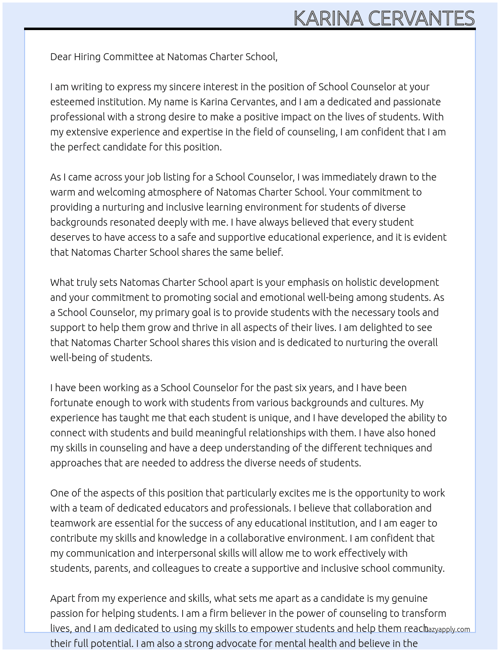 School Counselor At Natomas Charter School Cover Letter