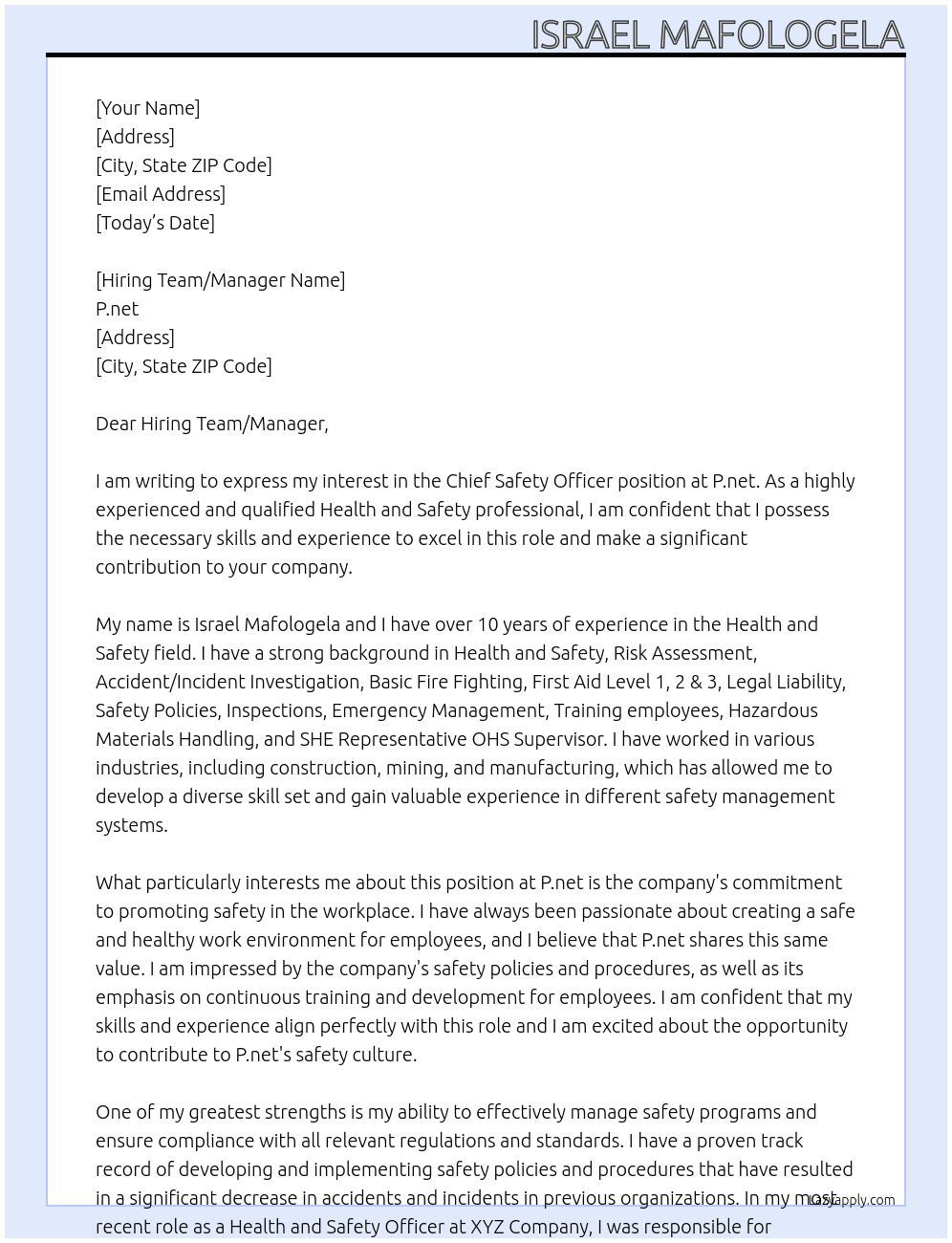 Chief Safety Officer At P.net Cover Letter