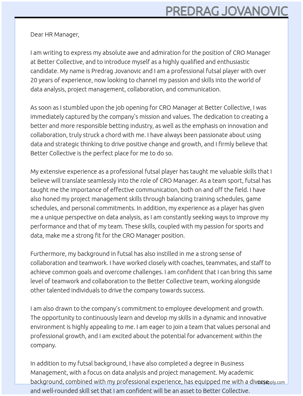 CRO manager At Better Collective Cover Letter
