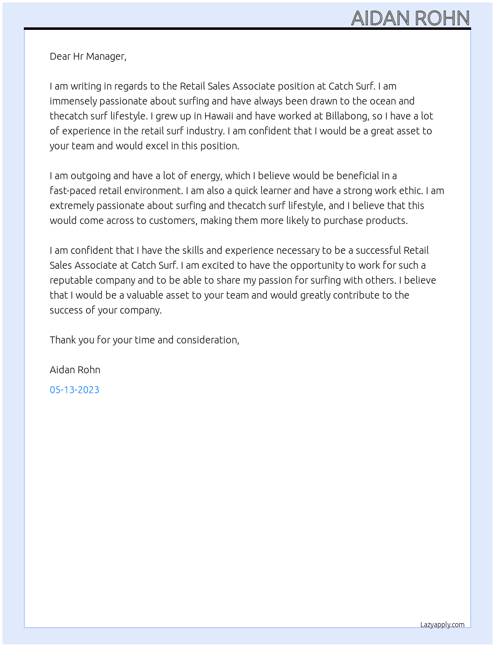 Retail Sales Associate At Catch Surf Cover Letter