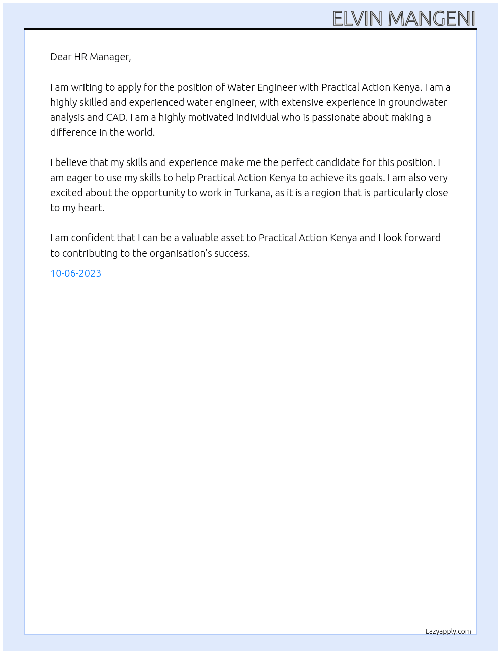 Water Engineer At Practical Action Kenya  Cover Letter