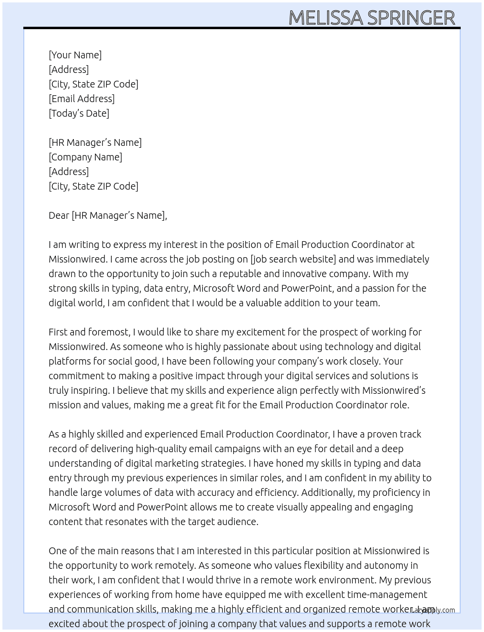 Email production Coordinator  At Missionwired Cover Letter