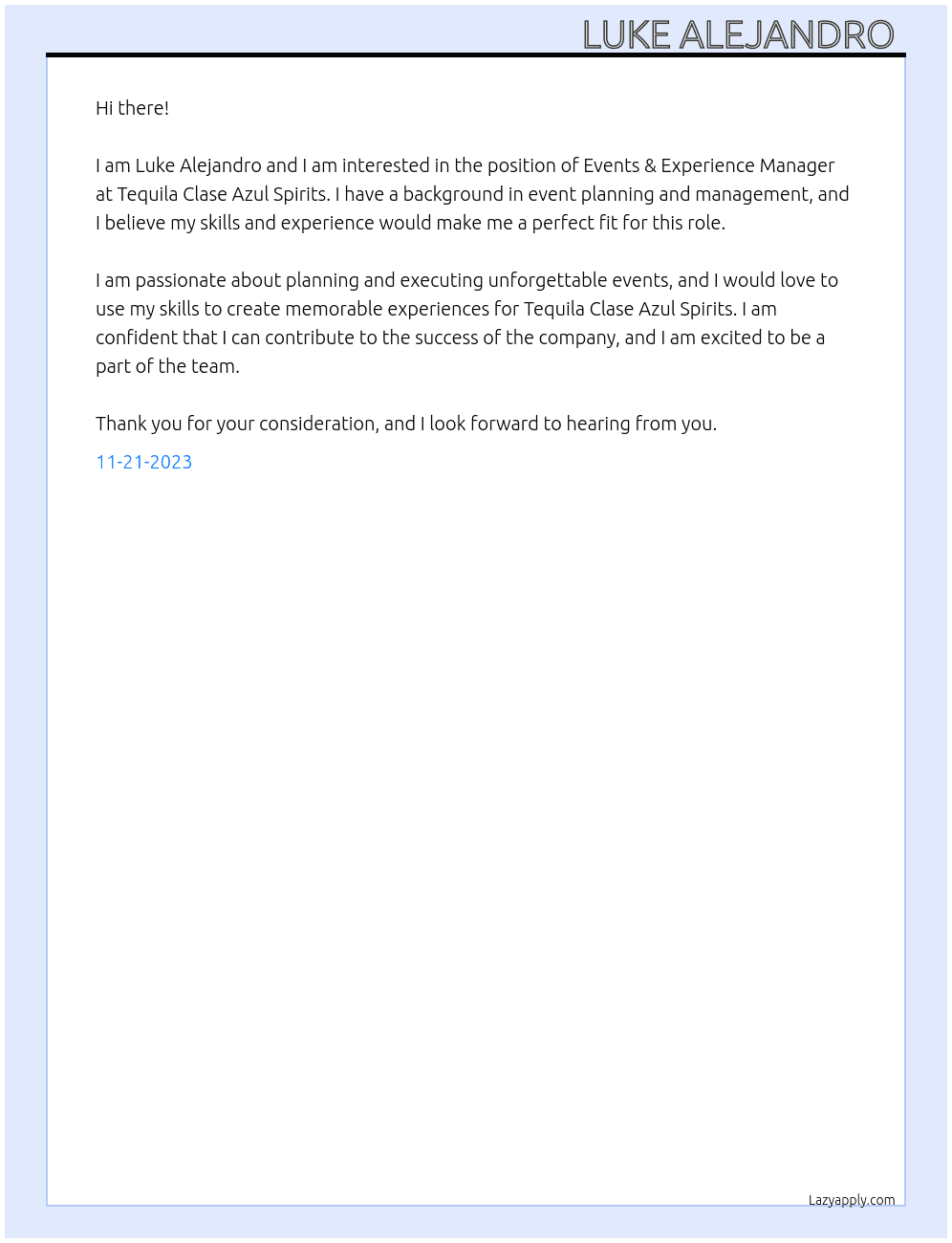 Events & Experience Manager  At Tequila Clase Azul Spirits Cover Letter