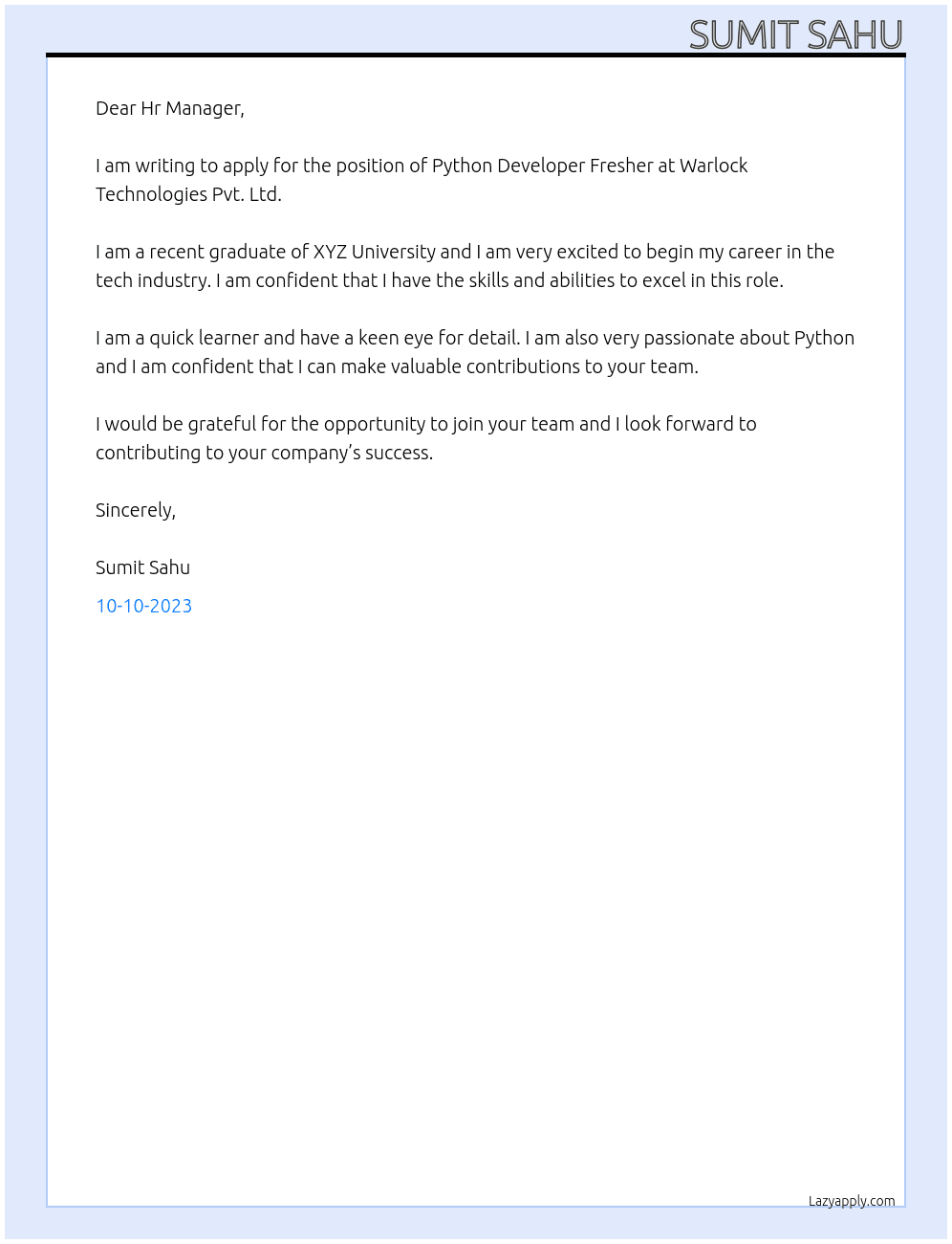 Python Developer Fresher At Warlock Technologies Pvt. Ltd Cover Letter