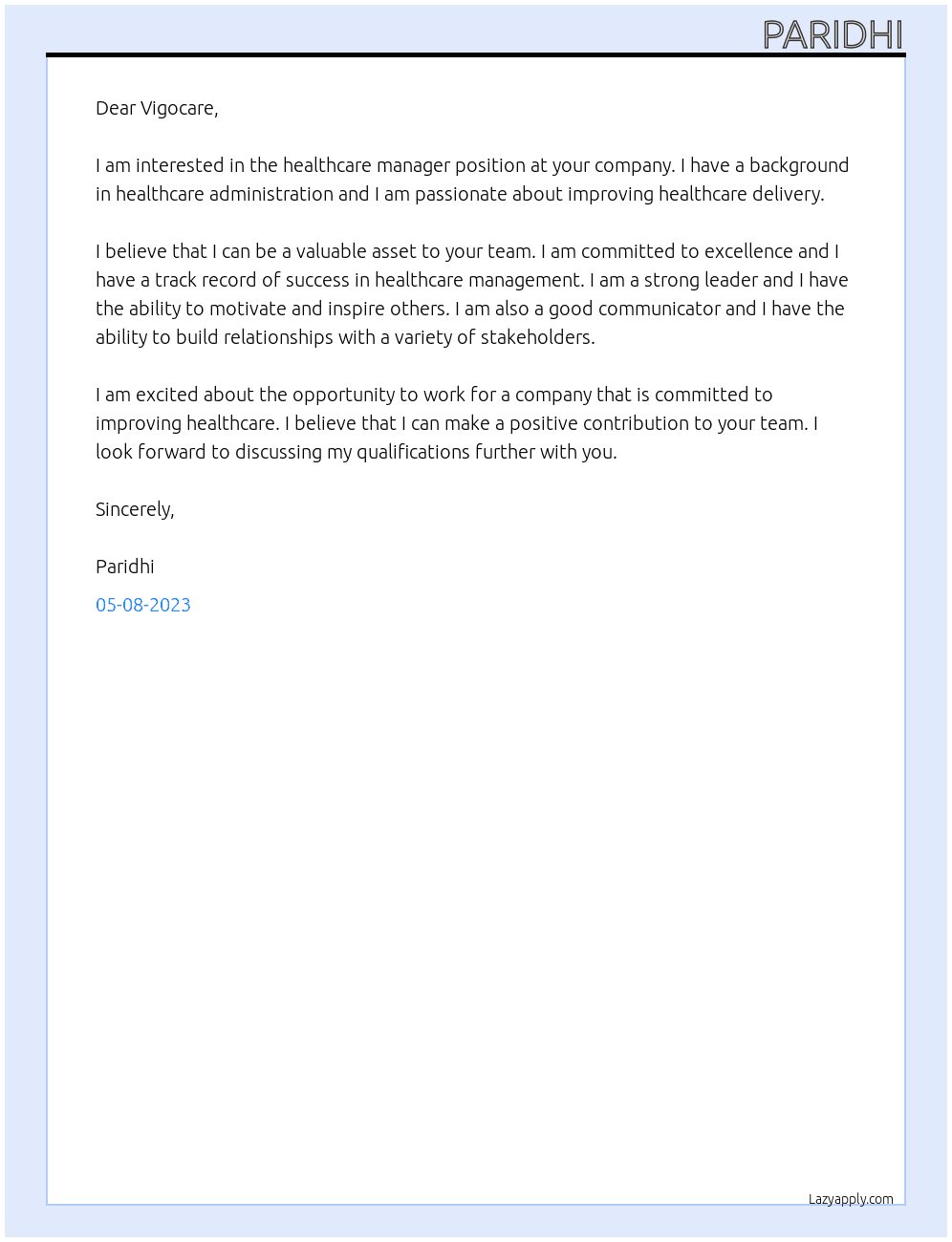 Healthcare managwr At Vigocare Cover Letter