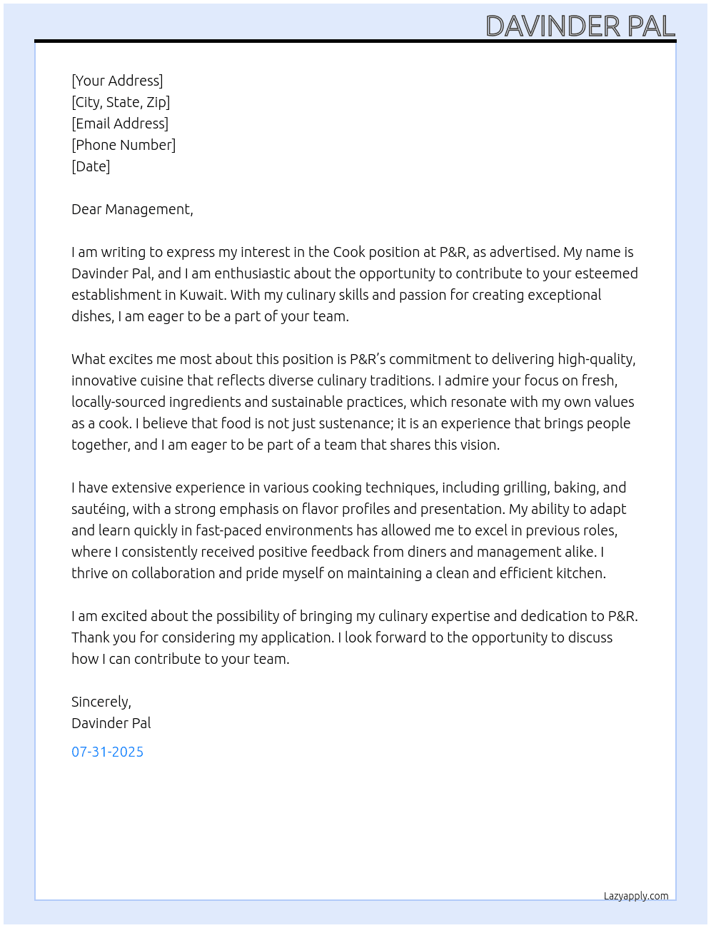 Cook  At P&R Cover Letter