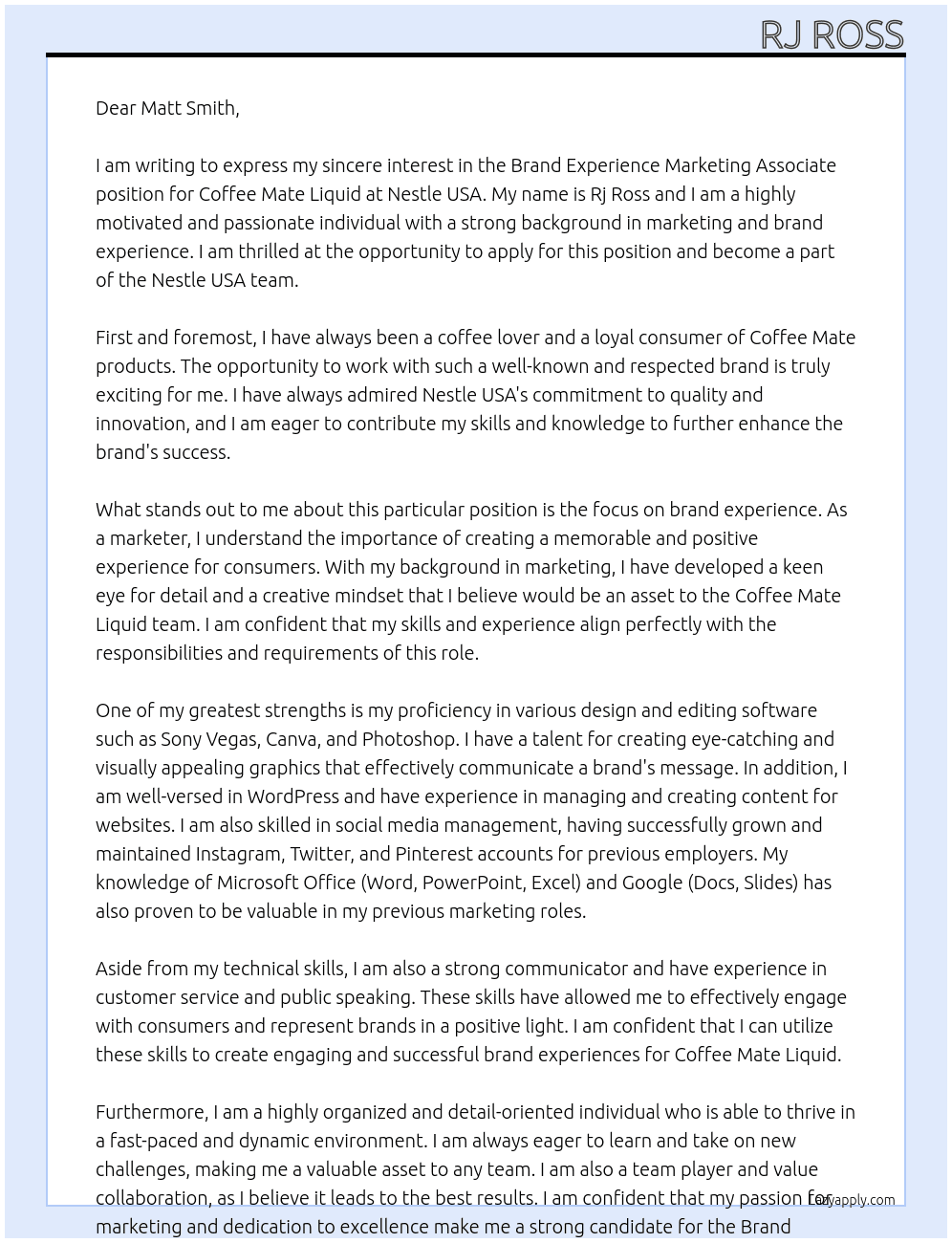 Brand Experience Marketing Associate- Coffee Mate Liquid At Nestle USA Cover Letter