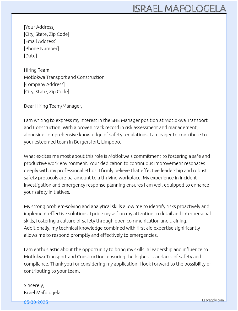 Cover letter for she manager - LazyApply