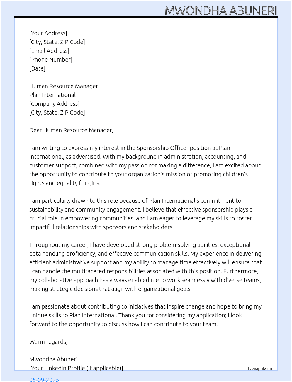 Sponsorship officer  At Plan international  Cover Letter