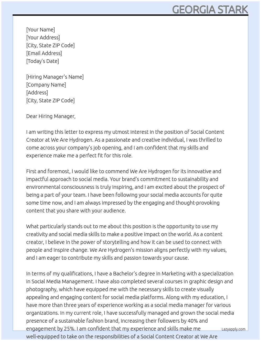 Social Content Creator At We Are Hydrogen Cover Letter
