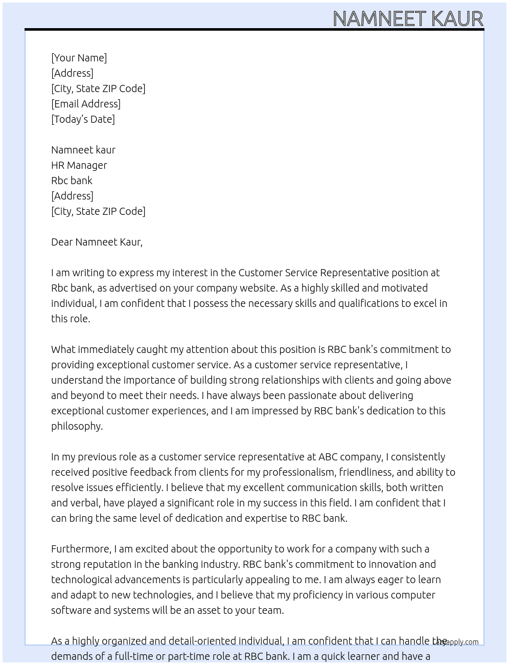 Customer service representative  At Rbc bank Cover Letter