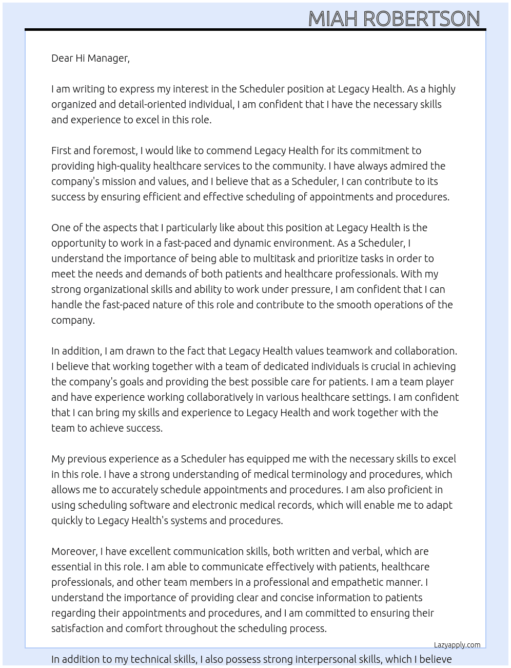 Scheduler  At Legacy health Cover Letter