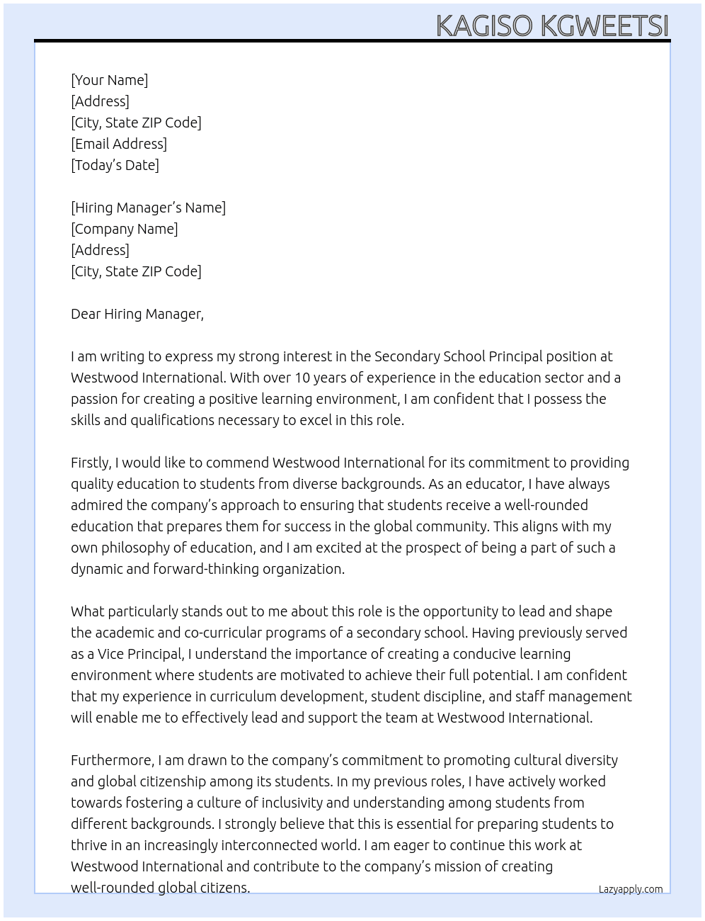 Secondary School Pricipal At Westwood International  Cover Letter