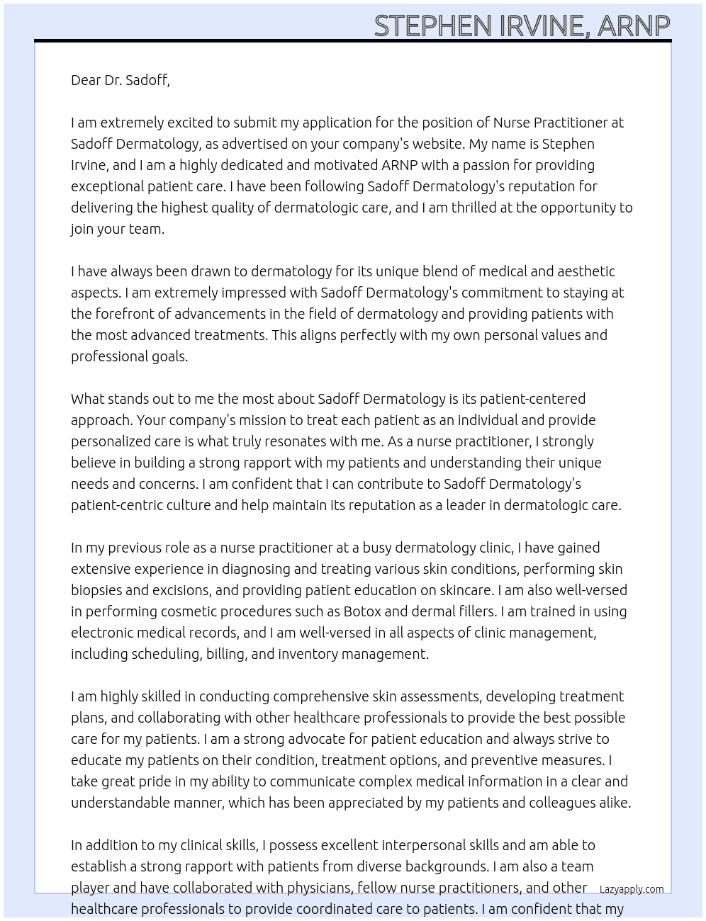 nurse practitioner At Sadoff Dermatology Cover Letter