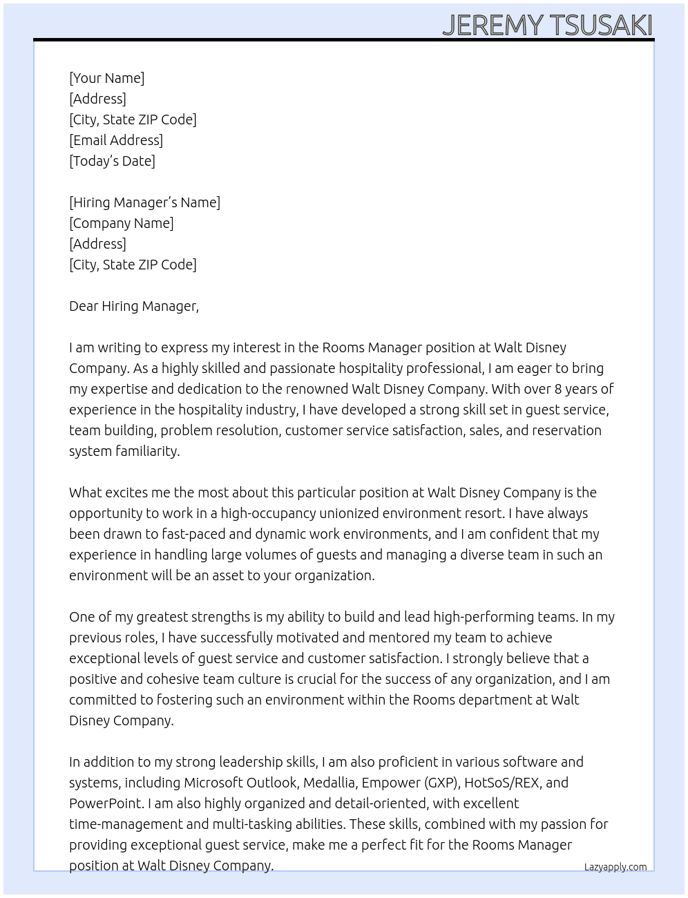 Rooms Manager At Walt Disney Company Cover Letter