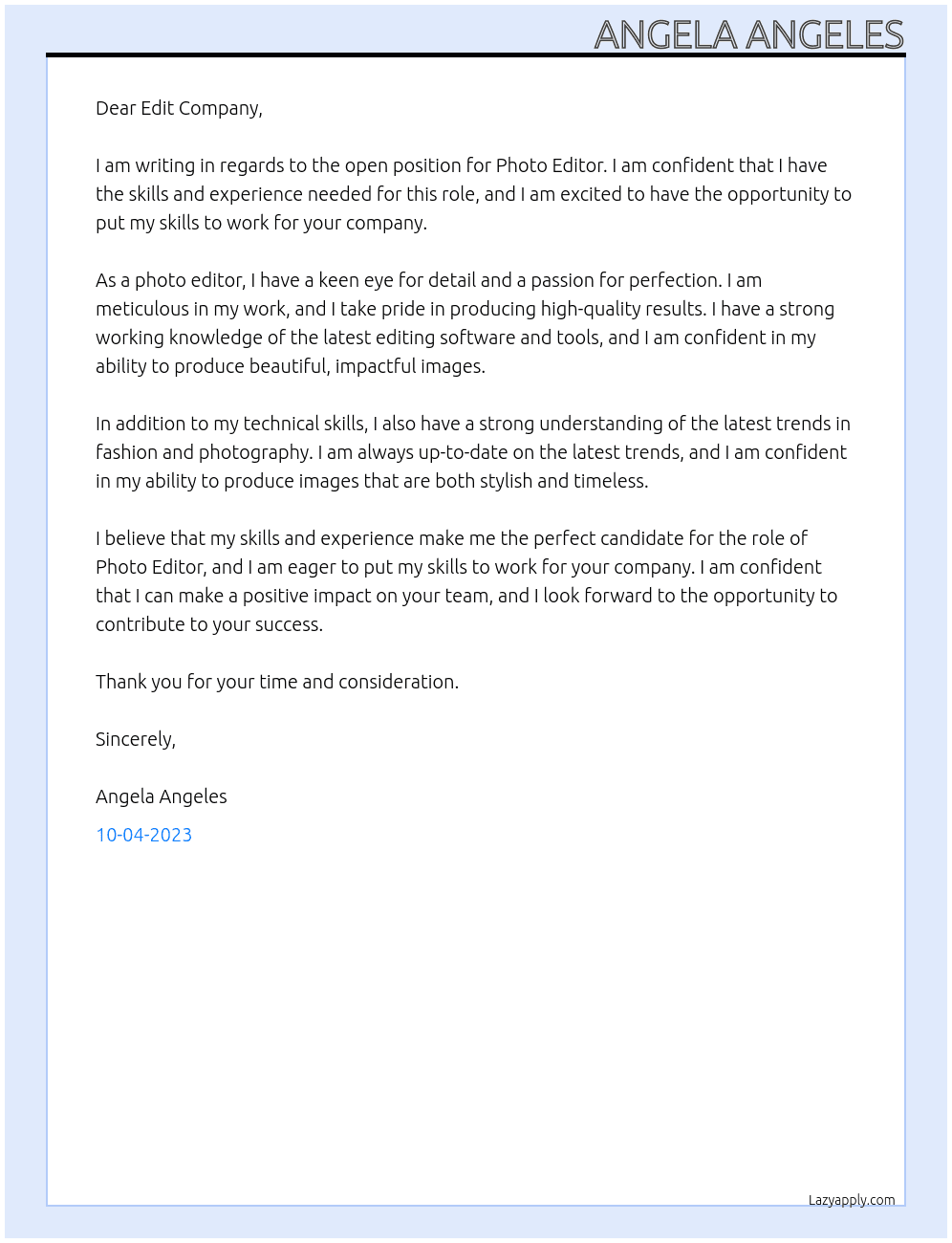 photo editor At edit company Cover Letter