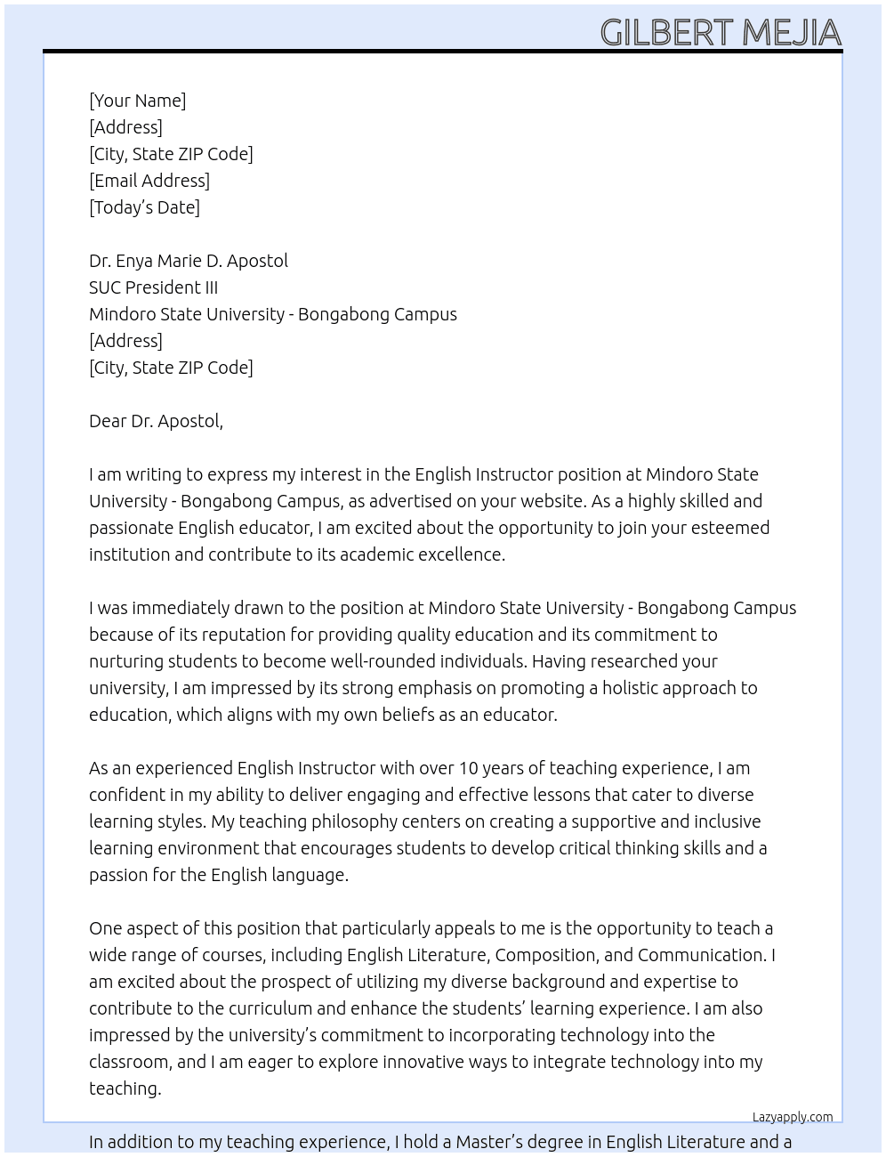 English Instructor At Mindoro State University - Bongabong Campus Cover Letter