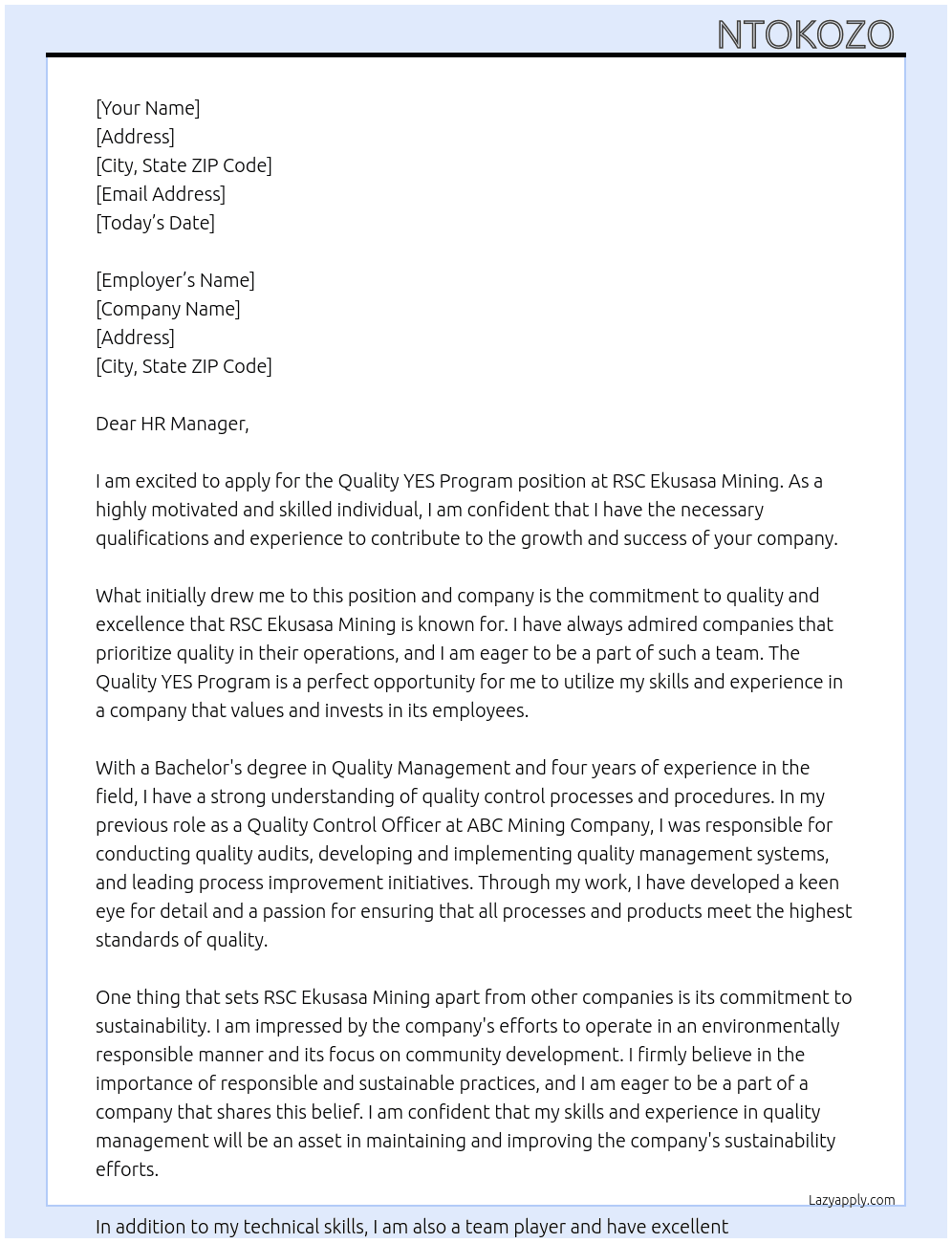 Quality YES program  At RSC ekusasa mining Cover Letter