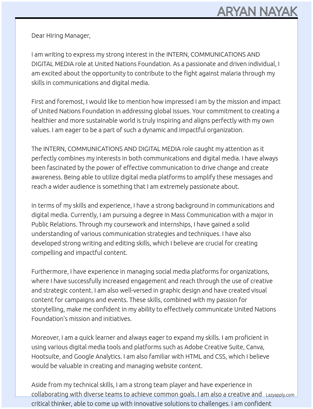 INTERN, COMMUNICATIONS AND DIGITAL MEDIA, UNITED TO BEAT MALARIA At United Nations Foundation Cover Letter