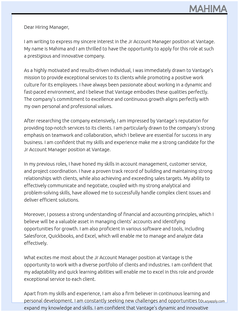 Jr Account Manager At Vantage Cover Letter