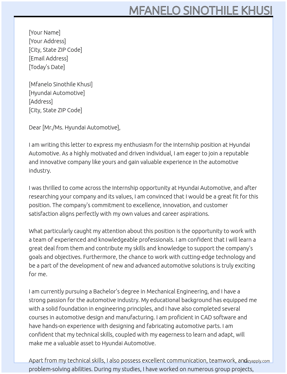 Internship At Hyundai Automotive Cover Letter