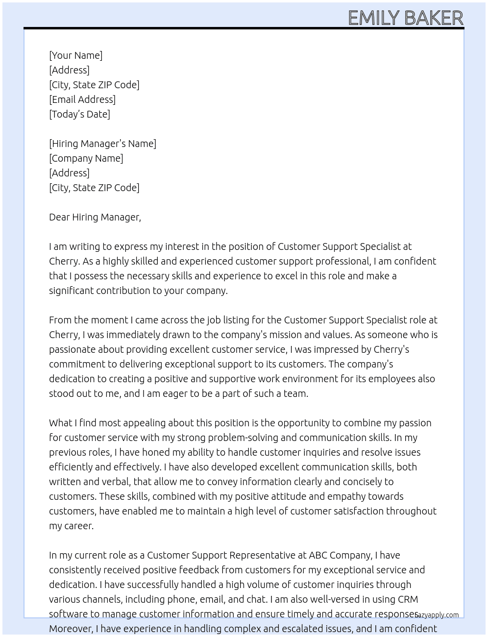 customer support specialist At Cherry Cover Letter