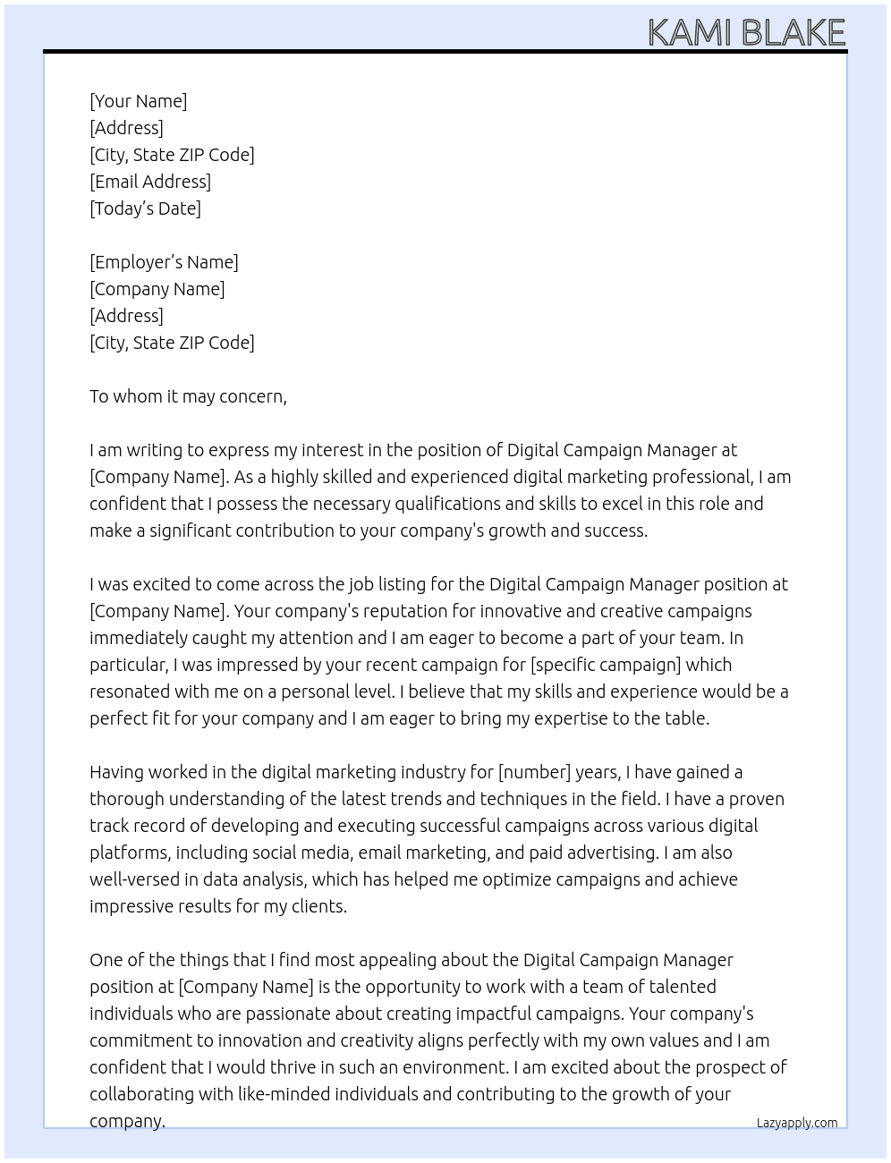 Digital Campaign Manager At generic Cover Letter