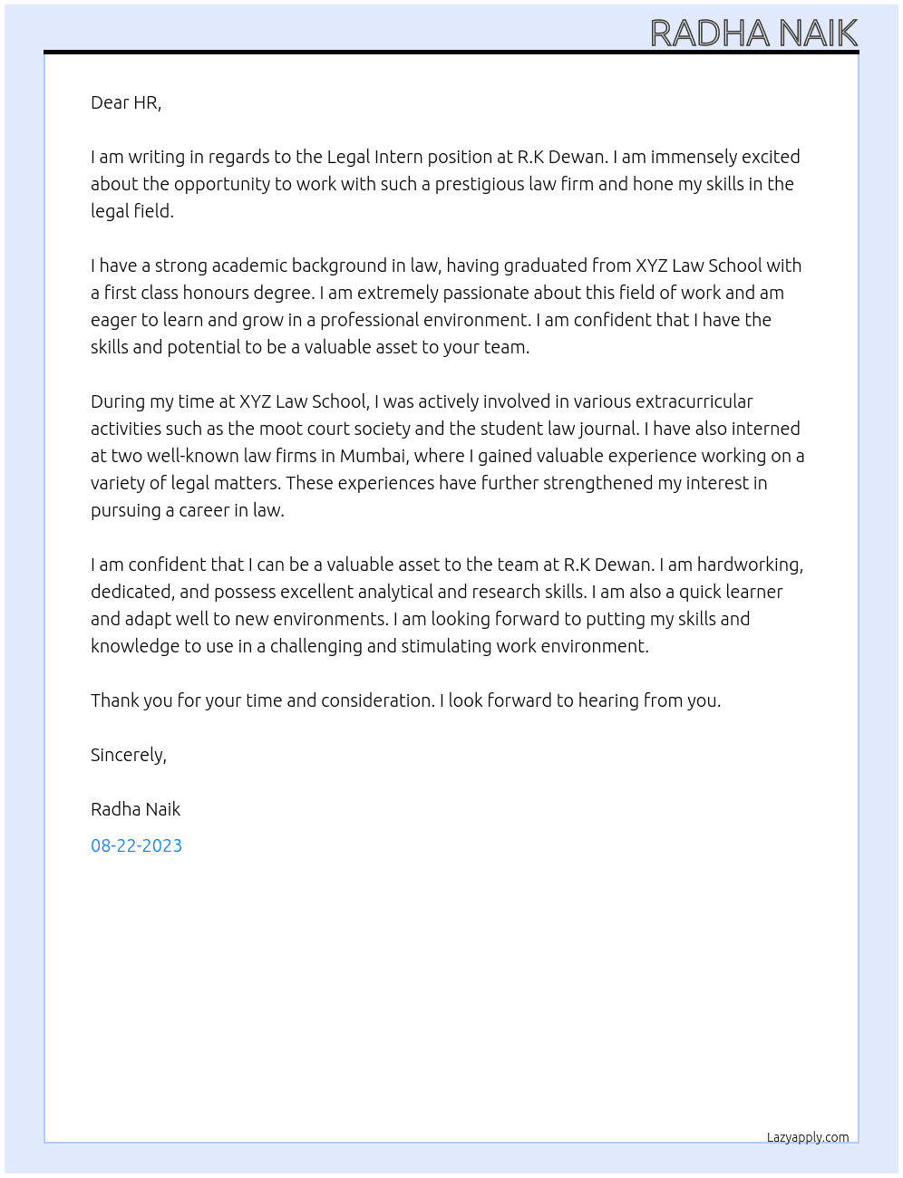 Legal Intern  At R.K Dewan  Cover Letter