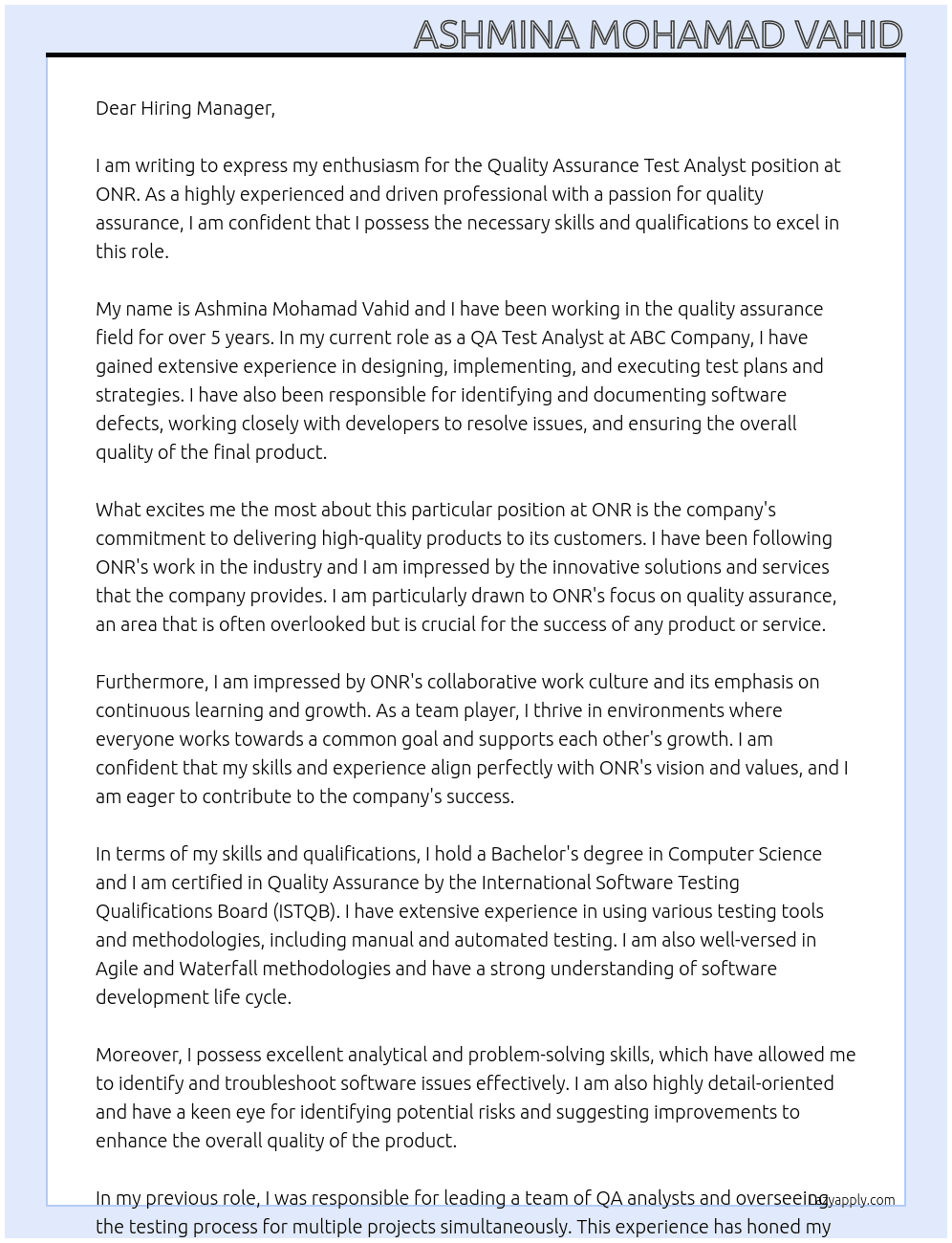Quality Assurance Test Analyst At ONR Cover Letter