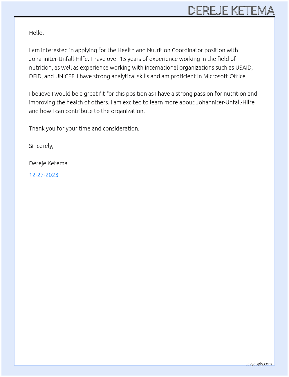 Health and Nutrition Coordinator At Johanniter-Unfall-Hilfe  Cover Letter