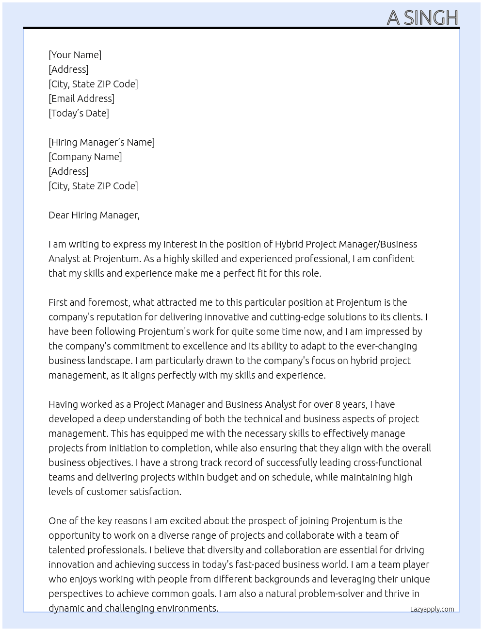 Hybrid Project Manager/Business Analyst At projentum Cover Letter