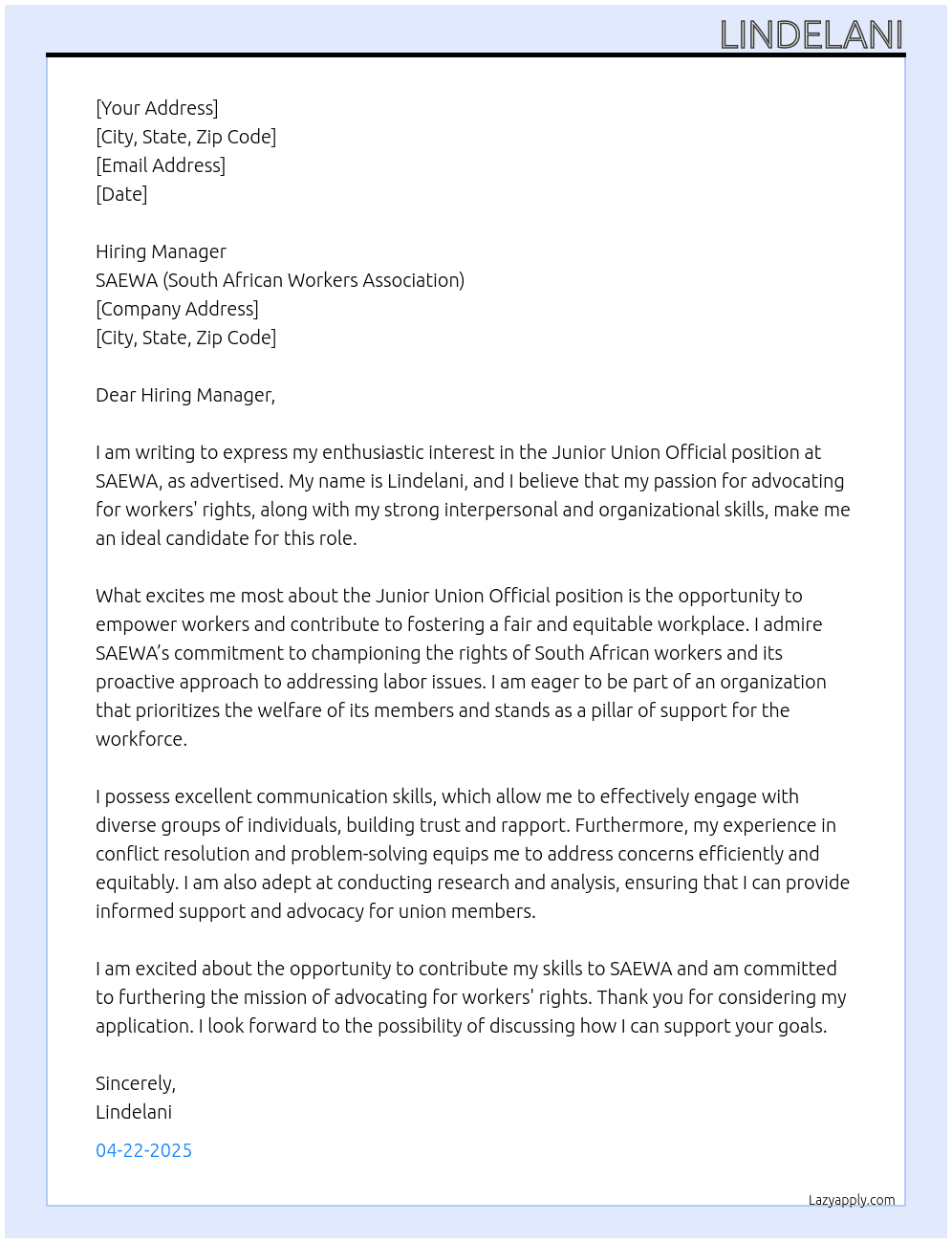 Cover letter for junior union official - LazyApply