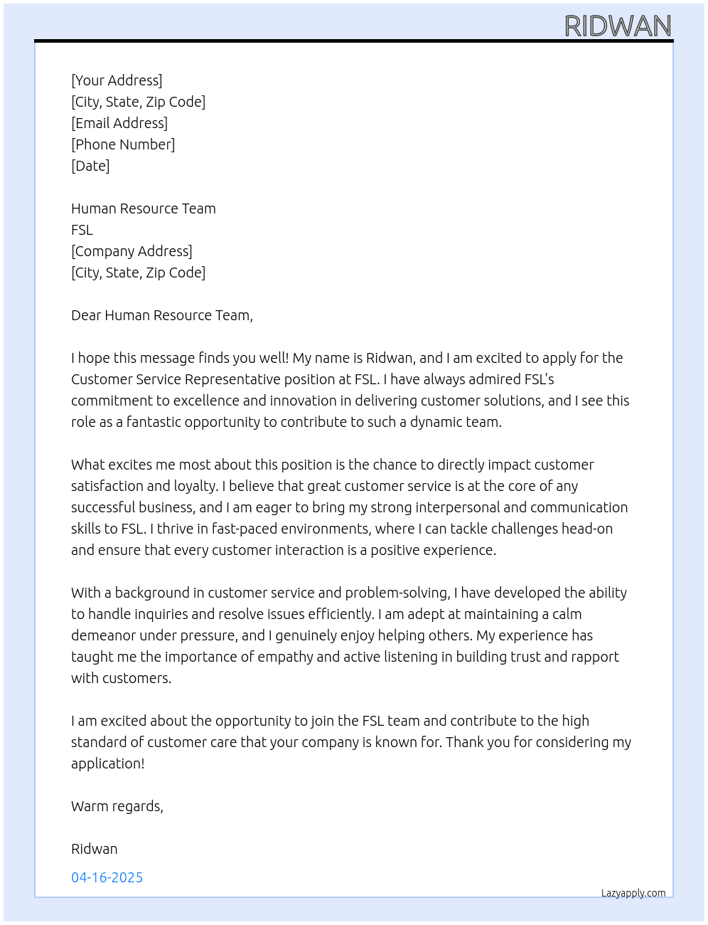 Costumer service representative At FSL  Cover Letter