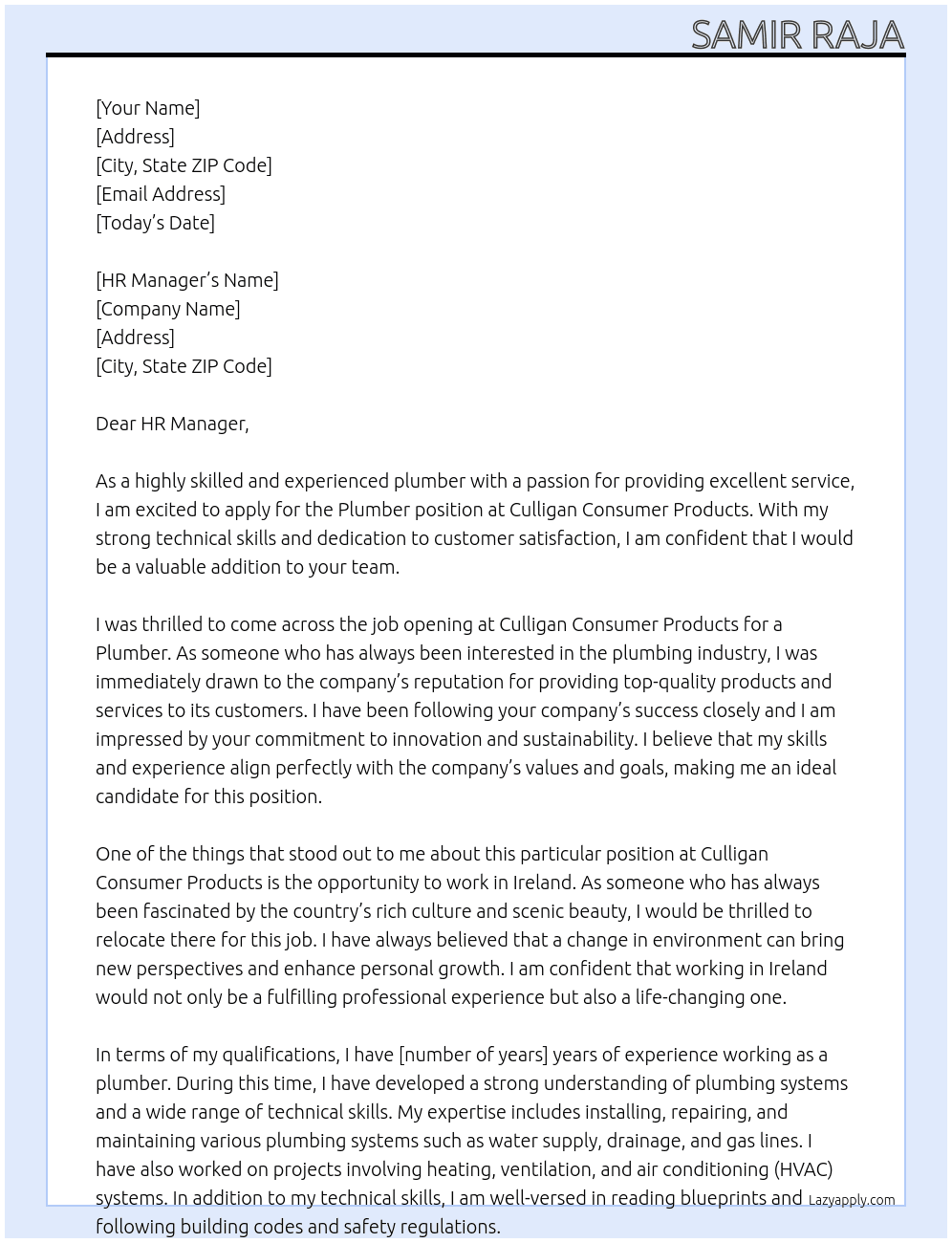 Plumber  At Culligan consumer products  Cover Letter
