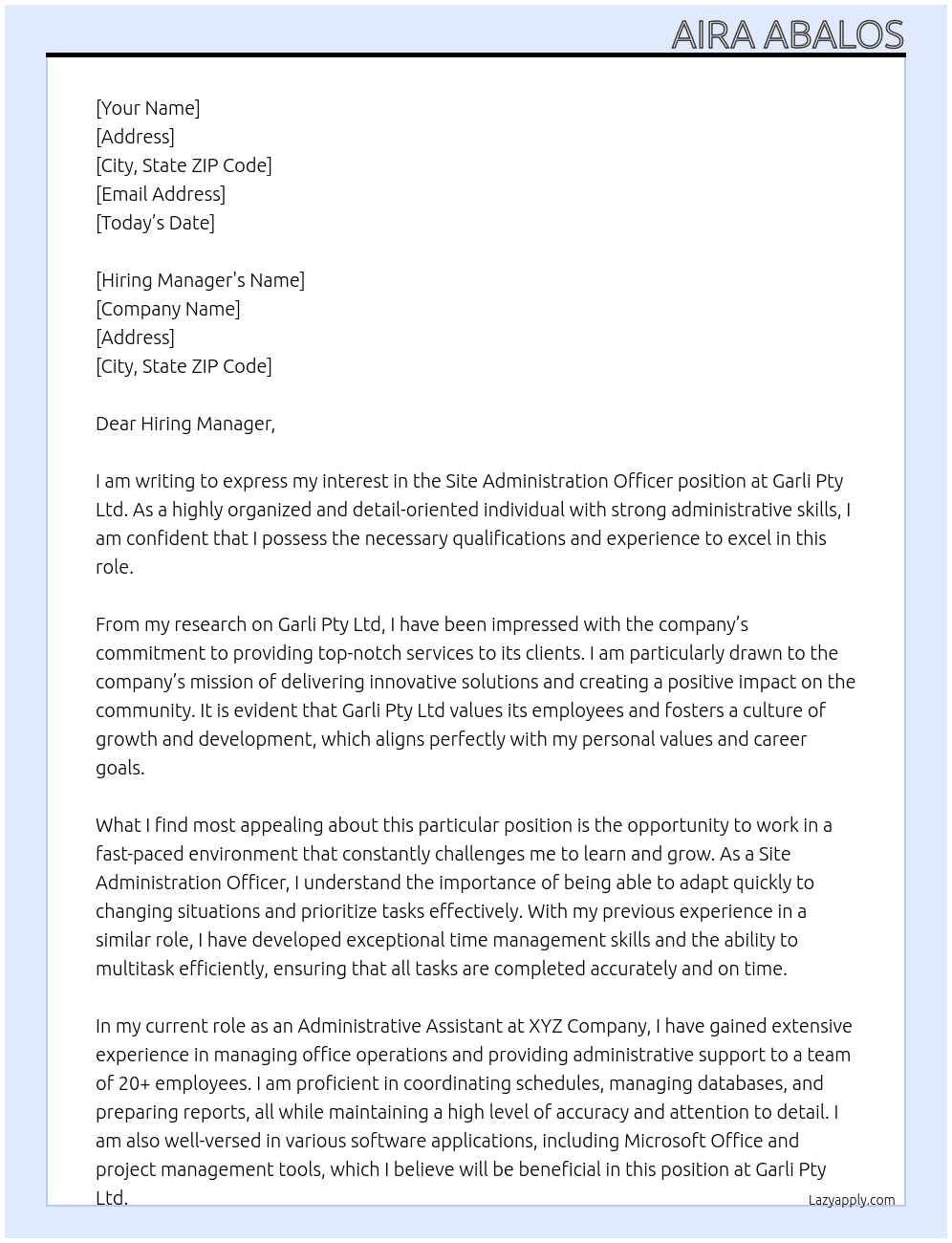 Site Administration Officer At Garli Pty Ltd Cover Letter