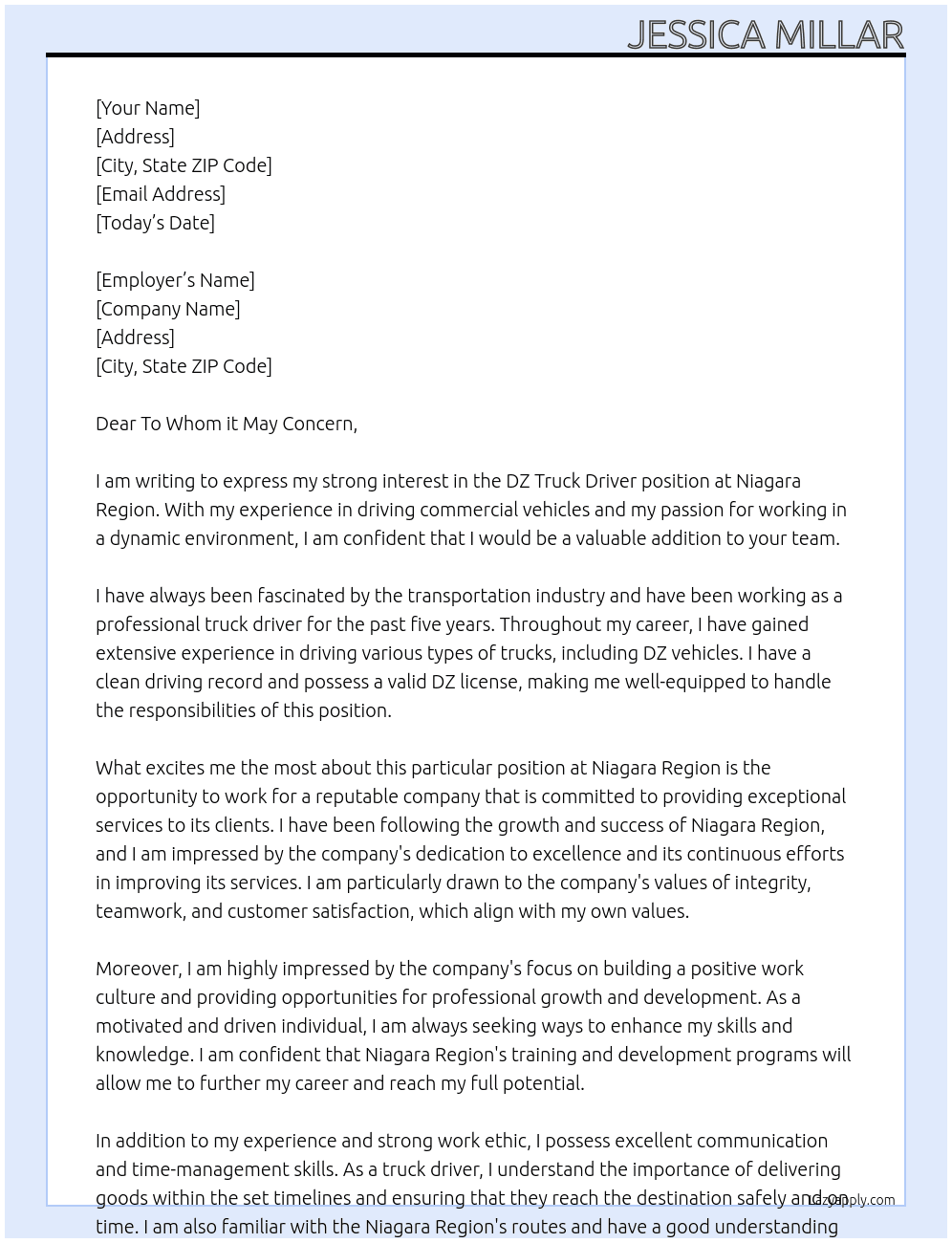 DZ Truck Driver At Niagara Region Cover Letter