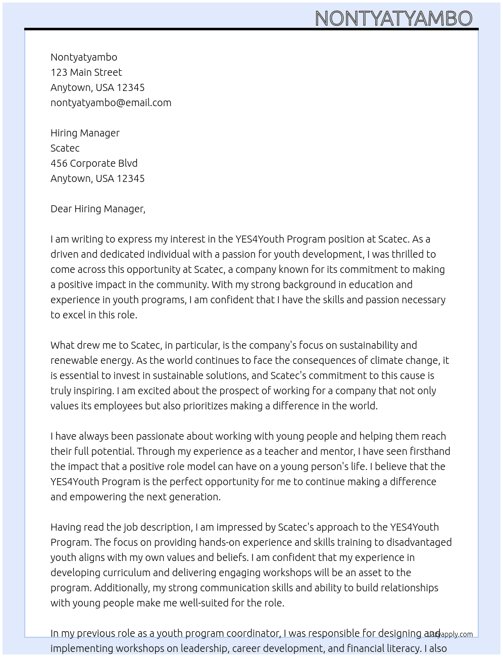 YES4Youth Program  At Scatec Cover Letter